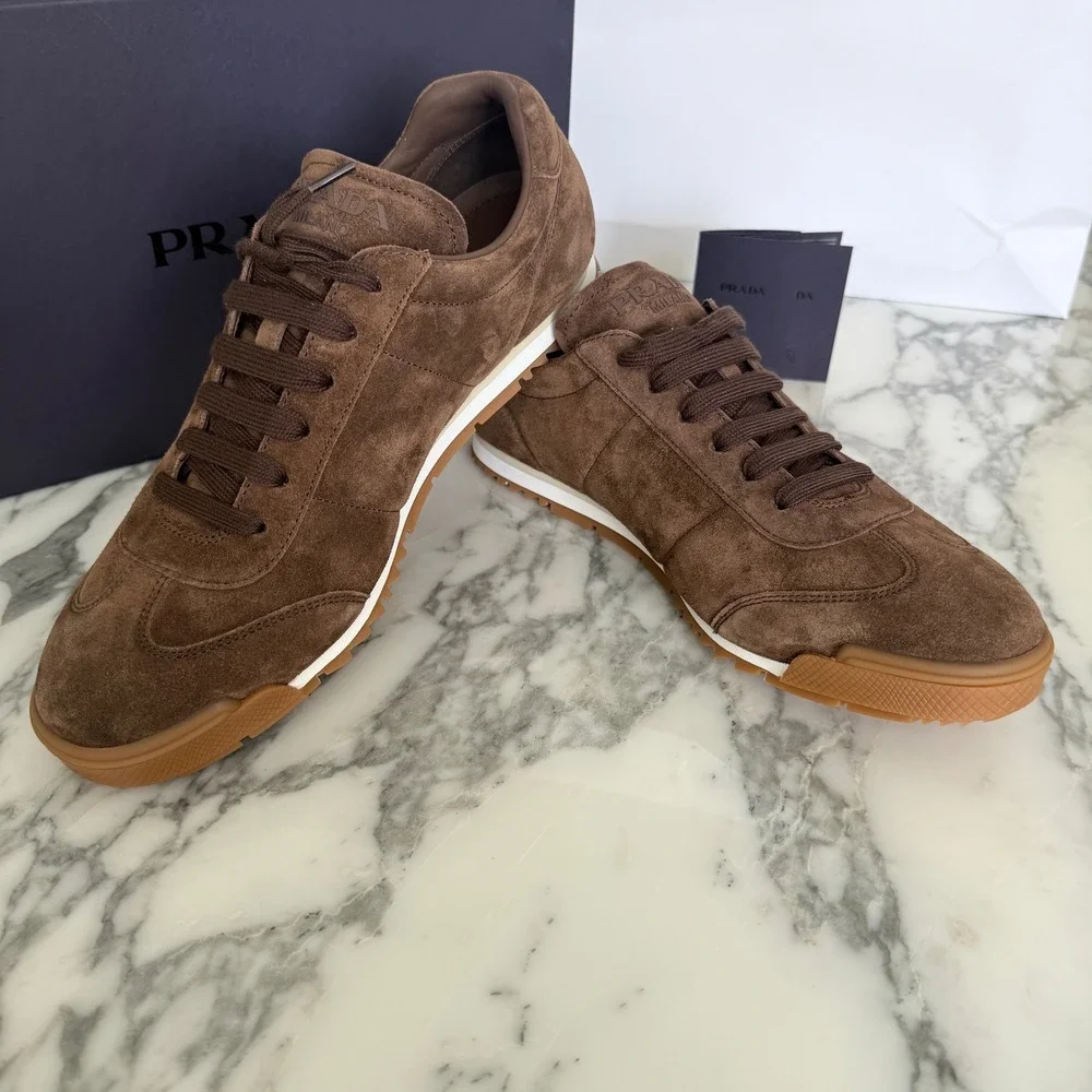 Prada Men Navy Brown Suede Low Top‎ Sneakers Gum Sole Triangle Logo 2EG486